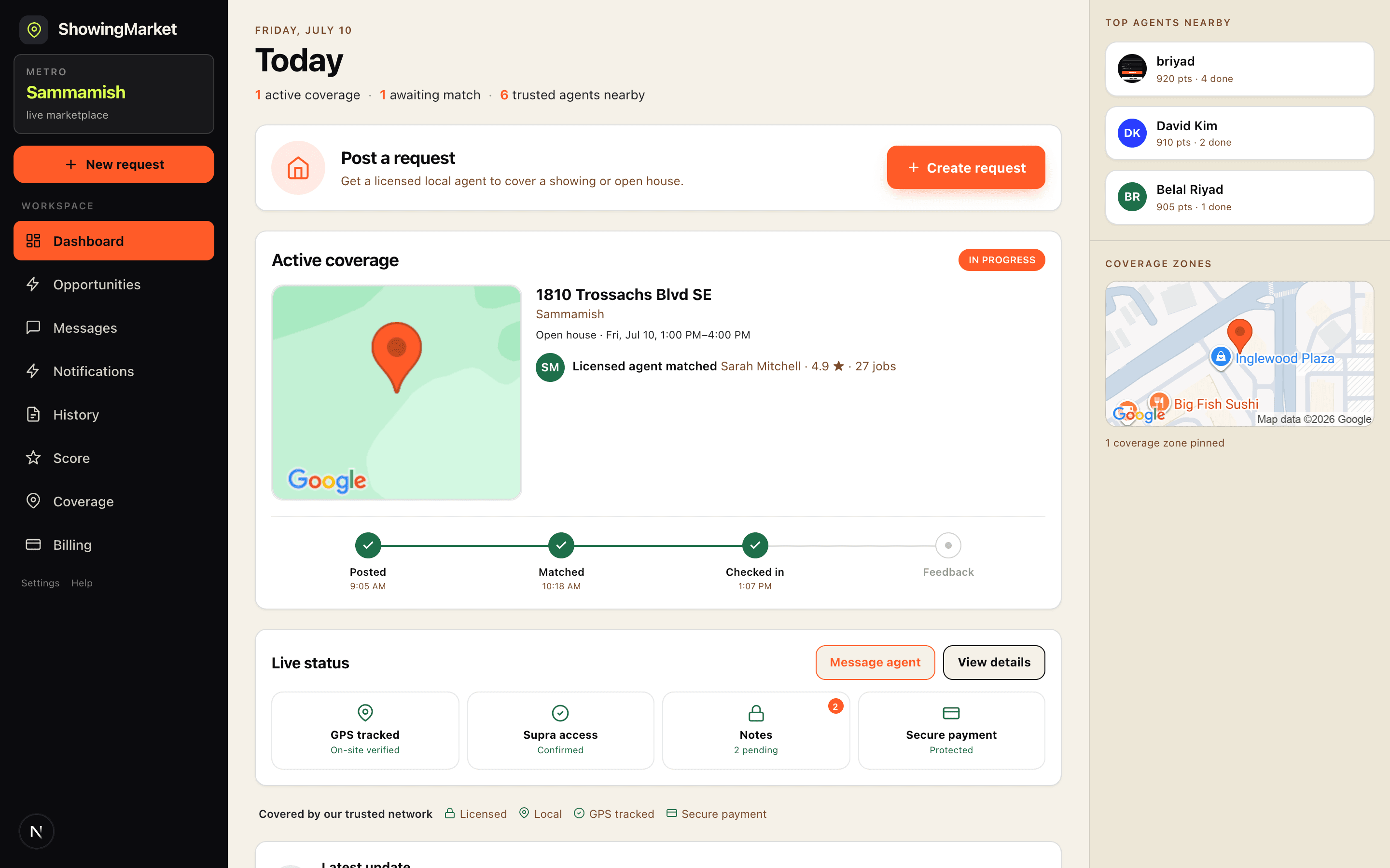 ShowingMarket dashboard — an in-progress open house with a matched licensed agent, posted-to-feedback timeline, live GPS and payment status, and top agents nearby
