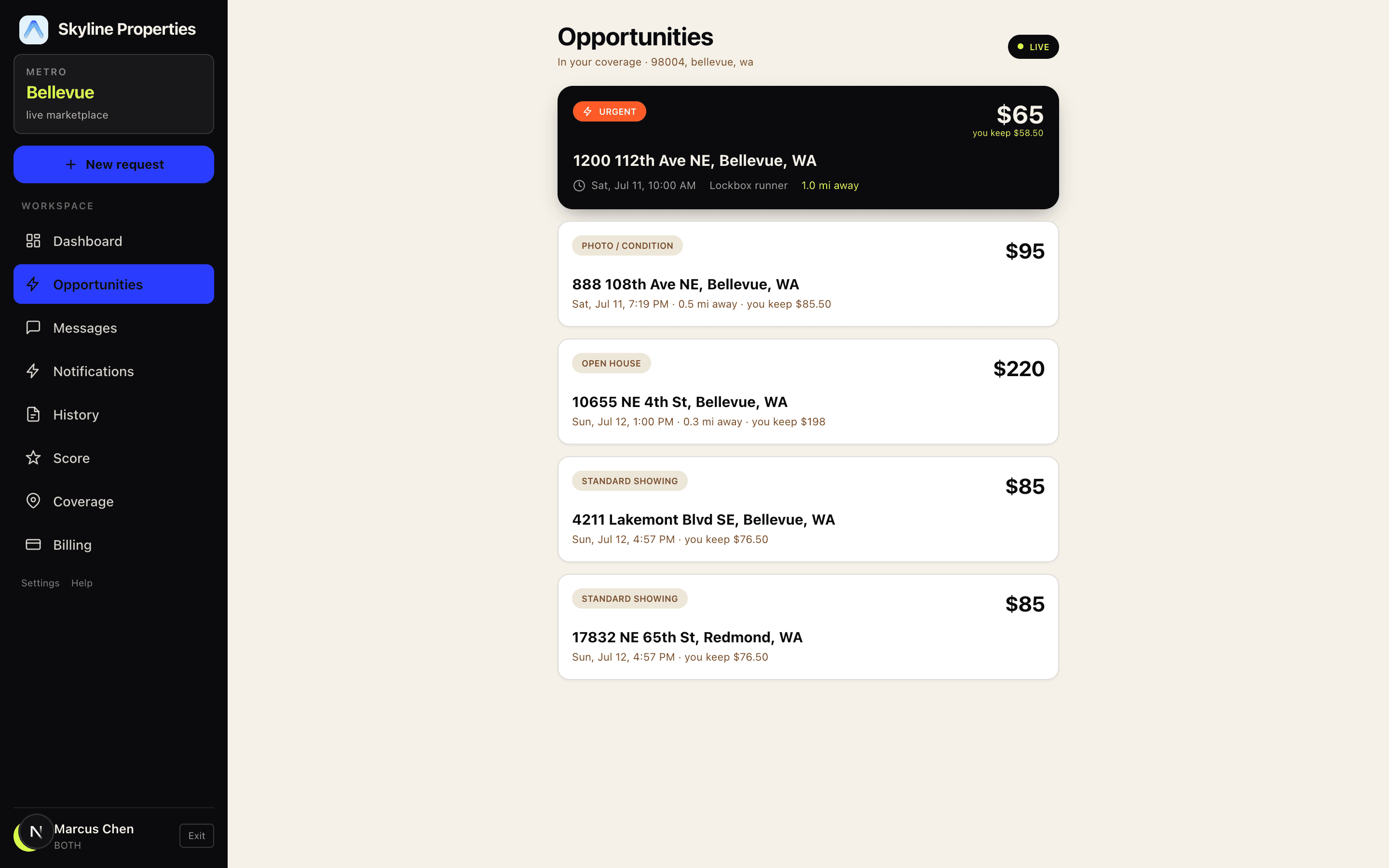 Opportunities feed showing nearby paid showing requests with fees