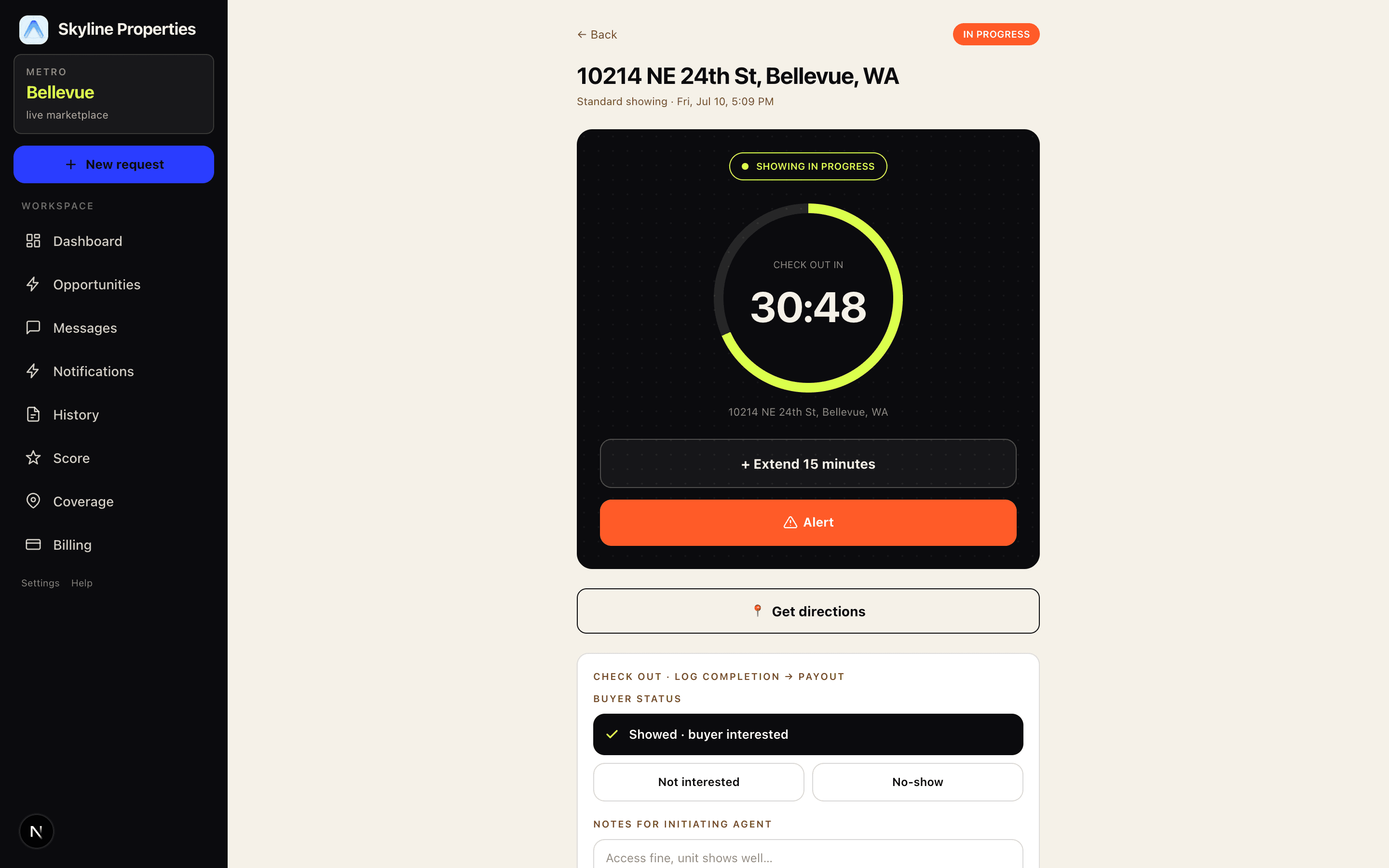 An in-progress showing with countdown timer, check-out flow, and payout amount
