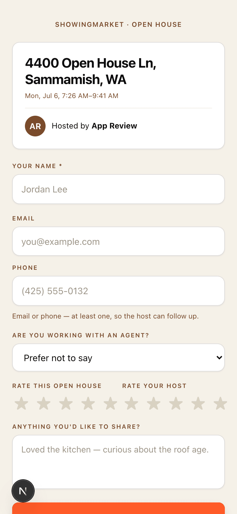 Attendee sign-in form on a phone with star ratings